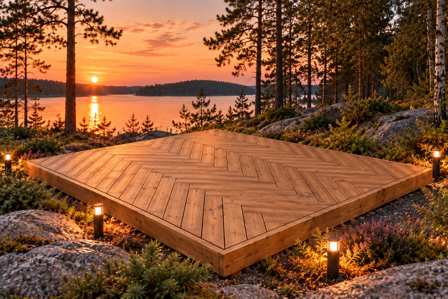 NordMod Patio 9 m², kalanruotokuvioinen terassi järvimaisemassa